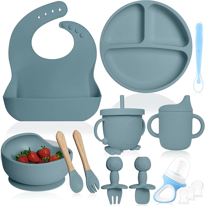 Bluet B- Silicone Baby Feeding Set with Pacifier - Baby Led Weaning Supplies - Baby Spoons, Suction Bowl - Plate - Baby Utensils Set - Silicone Feeding Set for Baby First Foods - 11pcs - Blue
