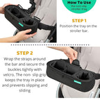 Universal Stroller Tray with Insulated Sippy Cup Holder - Upgraded Rigid Frame Stays Upright - Exclusive Non Slip Straps Firmly Grip Stroller Bar. Universal Stroller Snack Tray Attachment