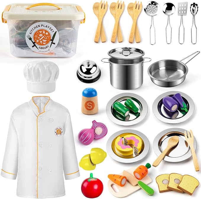 Juboury Pretend Play Kitchen Set - Toy Kitchen Accessories with Stainless Steel Cookware Pots and Pans, Plates, Cooking Utensils, Kids Chef Coat & Hat, Wooden Play Food for Kids, Girls, Boys, Toddlers