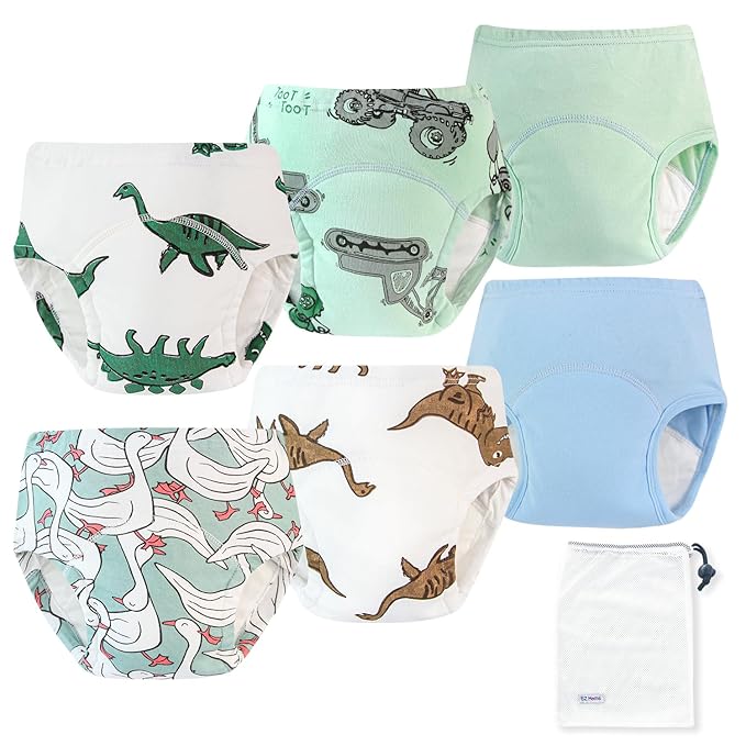 EZ Moms 6 Packs Absorption Toddler Potty Training Underwear for Boys 100% Cotton Toilet Training Pants 1T Leakproof Reusable Kid Confident Toddler Panties Dinosaur Pee Pants with Potty Sticker Chart