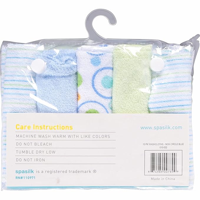 Spasilk Washcloth Wipes Set for Newborn Boys and Girls, Soft Terry Washcloth Set, Pack of 10, Blue Circles