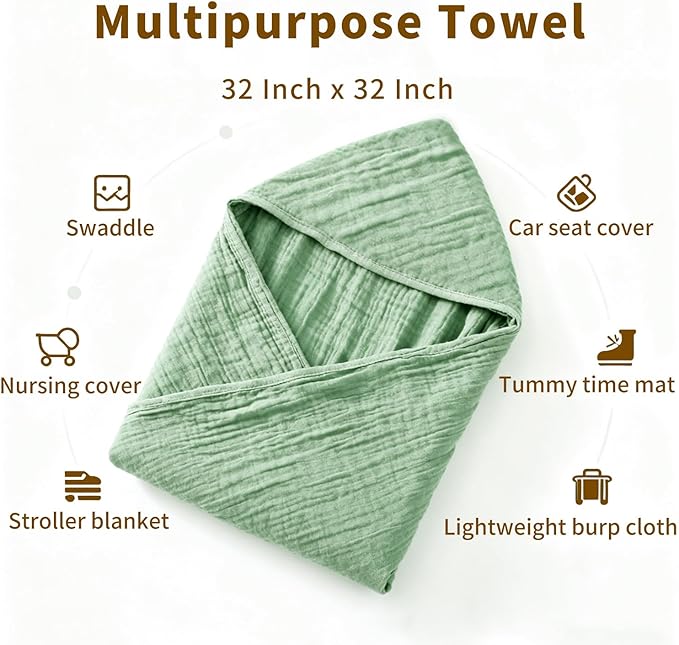 Organic Muslin Hooded Baby Bath Towels - 2 Pack 100% Organic Cotton Towel for Babies, Infants, Toddlers - 32x32Inch - Highly Absorbent and Newborn Essential(Grey Green)