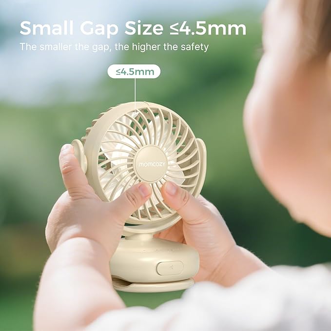 Momcozy Portable Fan with Clip | 4-Speed Mini-Fan for Carrier | Personal Fans Ultra Lighter 0.26lb | Gaps ≤4.5mm | Handheld Cooling | Rechargeable Rotate for Diaper Backpack/Stroller/Carrier/Chair
