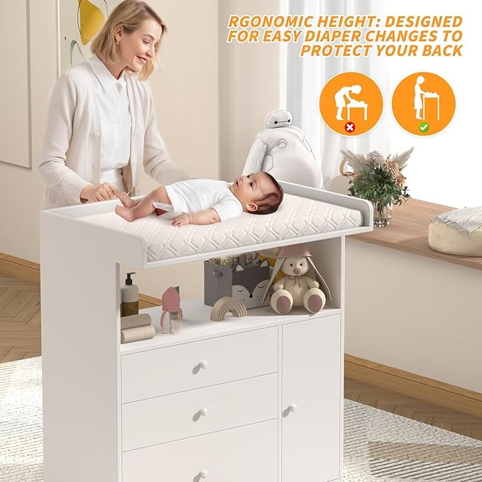 Baby Changing Table Dresser with Wide Tabletop, 3 Drawers & Open Storage Space, Baby Dresser with Changing Table Top, Perfect for Baby Bedrooms & Nurseries (Extra Large)
