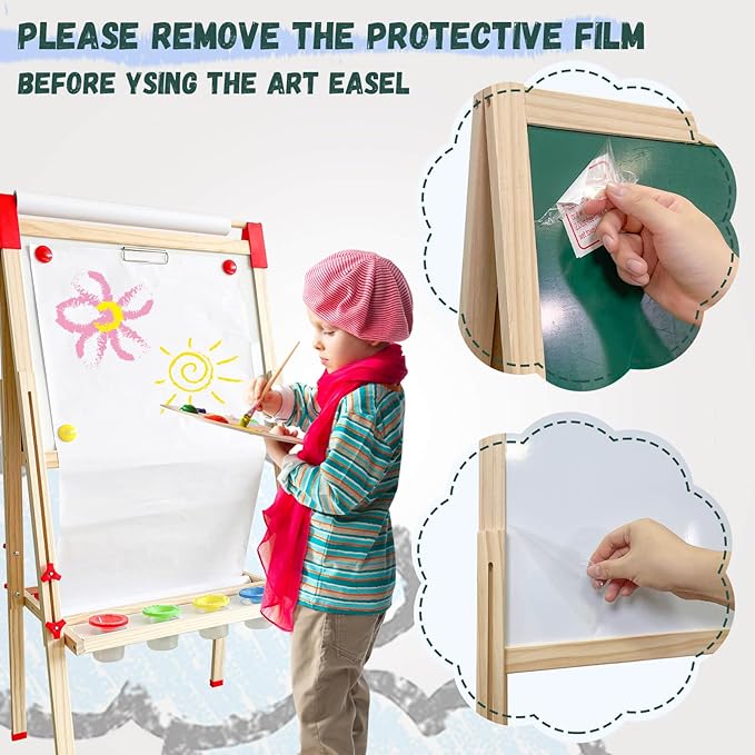 Easel for Kids,Adjustable Wooden Art Easel for Kids,114+ Art Supplies,Double Sided Magnetic Chalkboard and White Board for Kid,Drawing and Painting for Aged 2-4,5-7,8-12,2 Paper Rolls