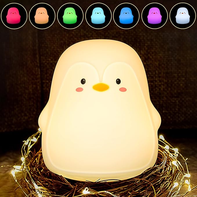 Penguin LED Night Light for Kids, Cute Nursery Color Changing Kids Night Light with Tap Control, USB Rechargeable Portable Squishy Silicone Soft Lamp Gifts for Baby Girls Boys Toddler Children Bedroom