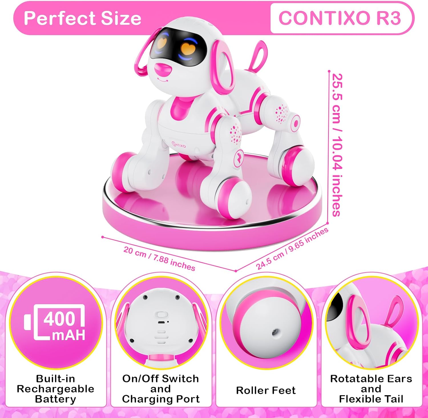 Contixo R3 Robot Dog Toy for Kids - Interactive Remote Control Smart Dancing Robotic Pet for Boys & Girls Ages 3-12 - Pink