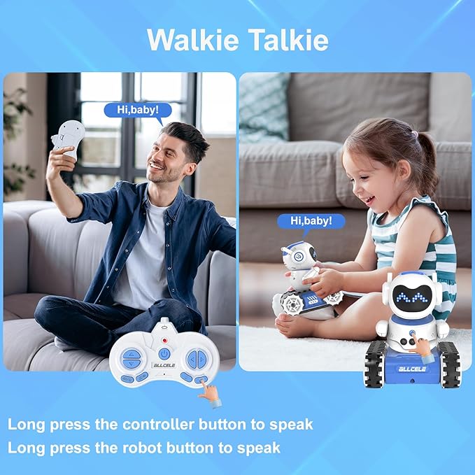 ALLCELE LED RC Robot Toys for Boys and Girls with Walkie Talkie, Programming, Music, Demo and LED Function, Remote Control Robot Toy, Gift for Kids 3-8 Years Old Blue White