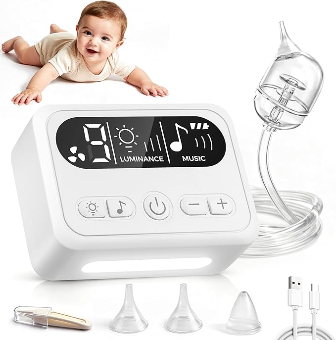 Nasal Aspirator for Baby, Baby Nose Sucker with 9 Suction Levels, Electric Nose Suction for Baby with Night Light, Can Play Lullabies, Equipped with 3 Food-Grade Silicone Nozzles and Tweezers (White)