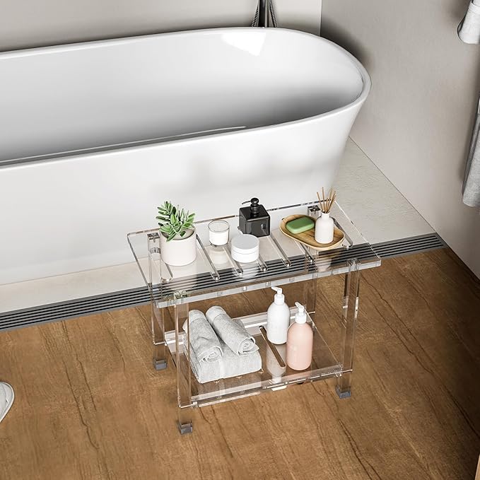 Sumerflos Acrylic Shower Bench for Inside Shower - 24.02" L x 12.99" W x 18.31" H Bathroom Shower Stool with Storage Shelf Heavy Duty (Hold Up to 400lbs) for Shaving Legs Waterproof Non-Slip