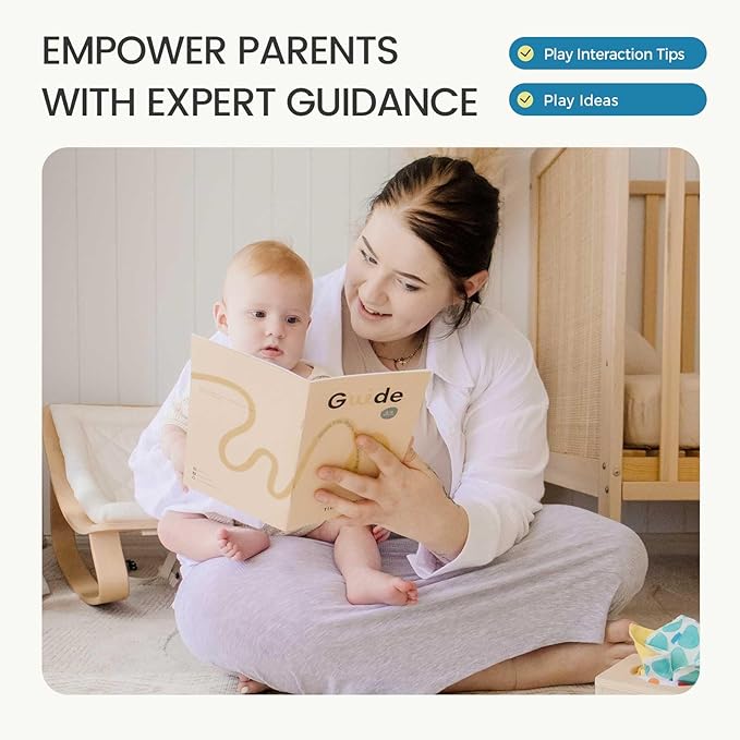 Tiny Land Montessori Baby Toy Set 4-6 Months – Early Learning Motor Skills Development Kit with 4-in-1 Soft Cloth Book, Spinning Rainbow Toy, Silicone Blocks and Baby Tissue Box