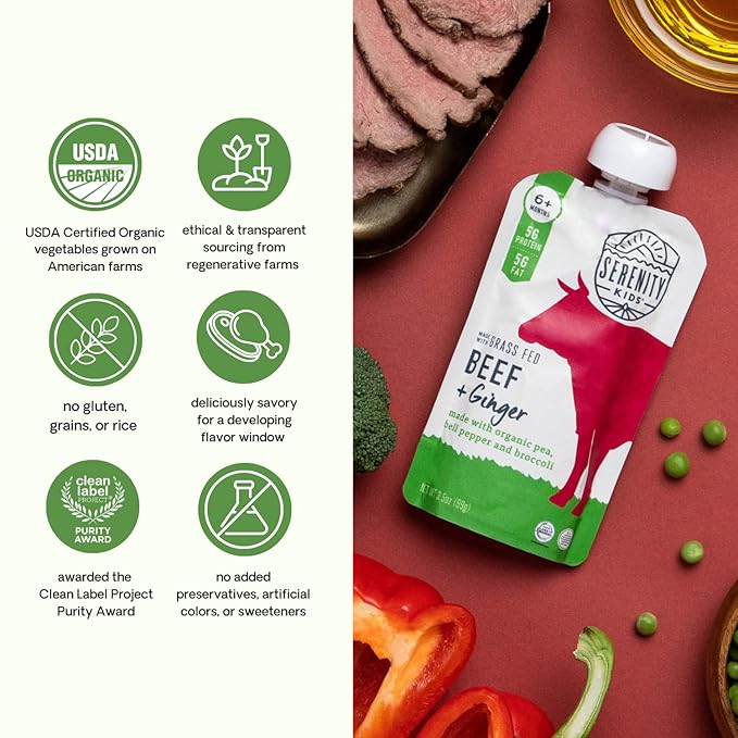 Serenity Kids 6+ Months Baby Food Pouches Puree Made With Ethically Sourced Meats & Organic Veggies | 3.5 Ounce BPA-Free Pouch | Grass Fed Beef & Ginger, Pea, Bell Pepper, Broccoli | 1 Count