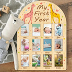 ORIGACH My First Year Baby Growth Photo Display Wood Board - 12 Months Newborn Milestones Photo Board - Neutral Baby Keepsake Frame 1st Birthday Party Nursery Decor New Mom Gift - Giraffe