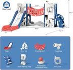 KORIMEFA 10 in 1 Toddler Slide Set, Kids Slide for Toddlers, Outdoor Indoor Playground for Toddlers 1-3, Toddler PlaySet with Basketball Hoop and Ball Golf Set, Climbing Arch(Red & Blue)