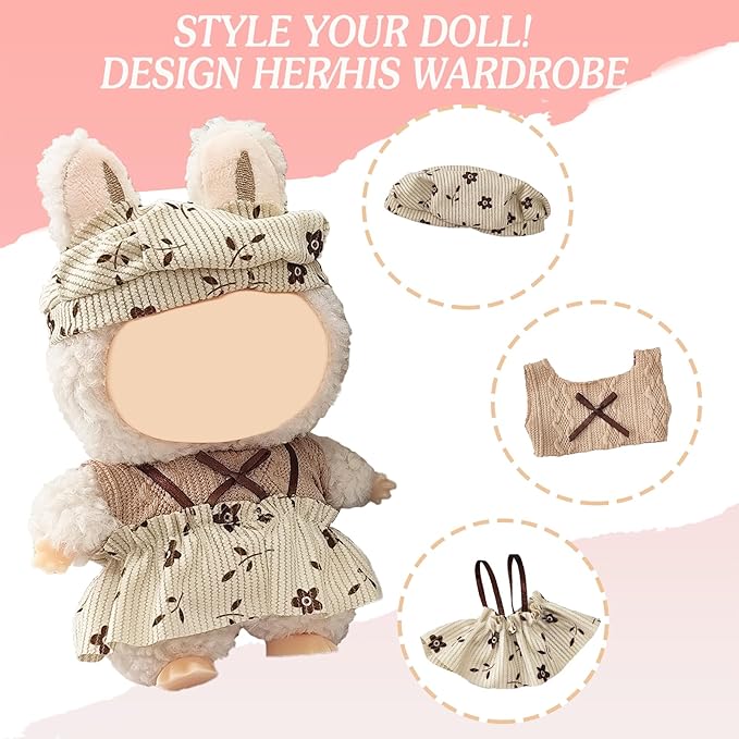 17cm Doll Clothes, Accessories for 15/17cm Dolls Clothes Headband + Overalls, Dolls Keychain Accessories, No Doll Included (Flower Dress)