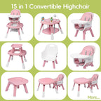 15 in 1 Convertiable High Chair for Babies and Toddlers, 2 in 1 Highchair & Activity Center w/Toys, Booster Seat, Toddler Chair w/5-Point Harness & Removable Tray & 2-Layer Cusion (Pink)