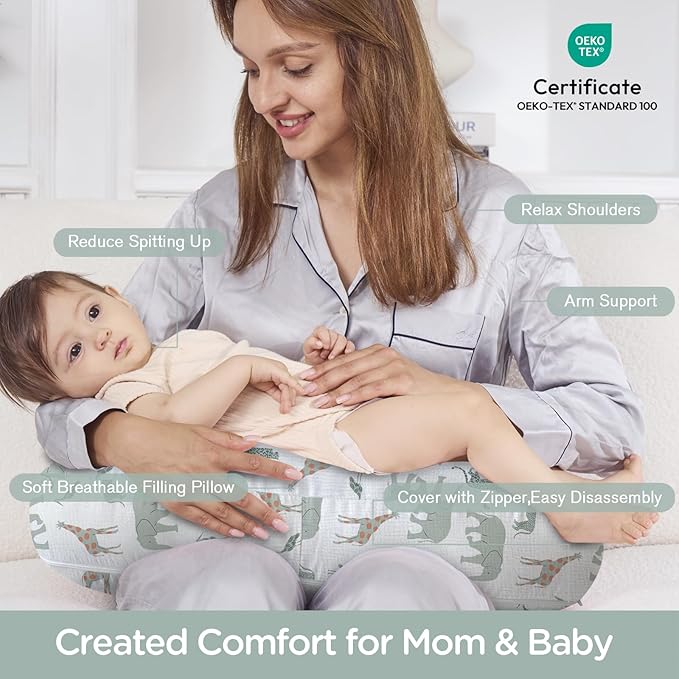 Little Grape Land Muslin Nursing Pillow, Soft 100% Cotton Breastfeeding Pillow with Breathable Removable Cover, Breast Feeding Pillows for Babies 0-12 Months with Protective Zipper Tropical Quest