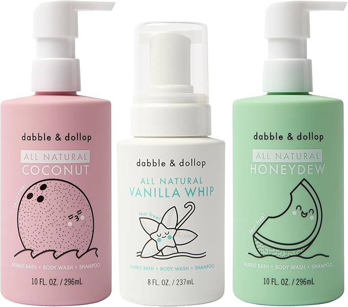 Dabble & Dollop Beachy Bundle, Natural Bubble Bath, Body Wash, Shampoo for Kids, Paraben & Sulfate Free, Vegan, Gluten-Free, Tear-Free, Honeydew Melon, Vanilla & Coconut (Set of 3)