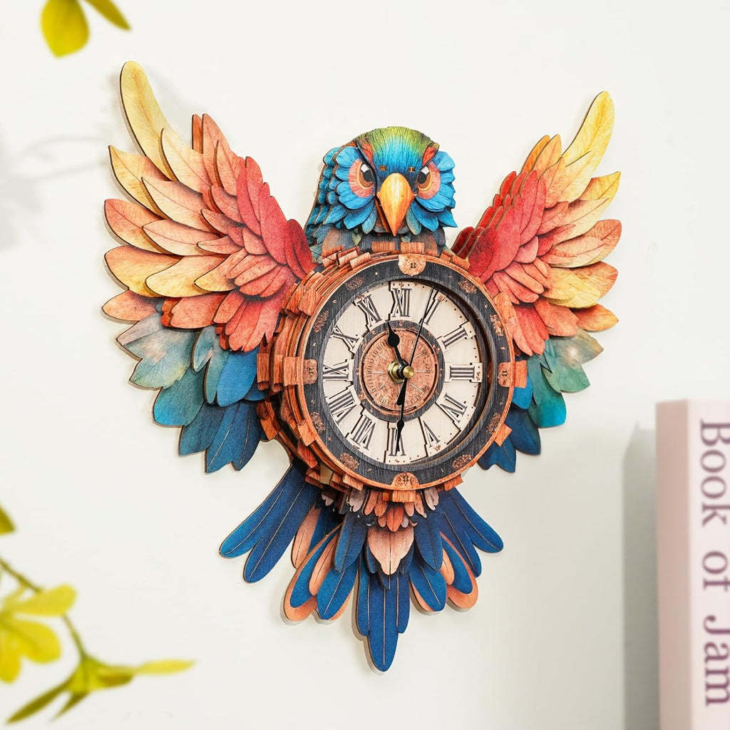 3D Puzzles for Adults Clock-Parrot Design Model Kit-Mechanical DIY Pendulum Clock with Roman Numerals-Desk Home Office Decor Personalized Gift for DIY Lovers