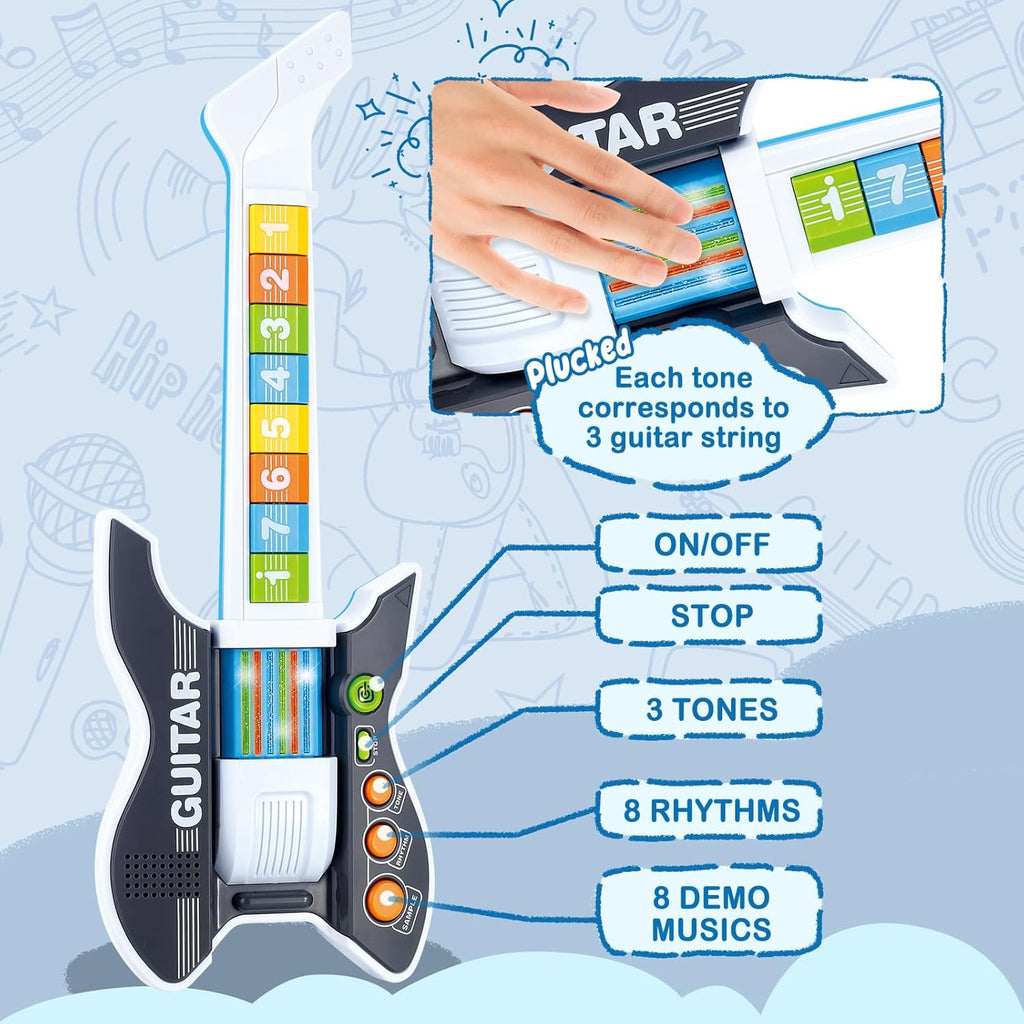 deAO Kids Guitar and Microphone Set with Stand Adjustable Height Music Light Karaoke Music Toys Christmas Birthday Gift for Kids Boys Girls (Black)