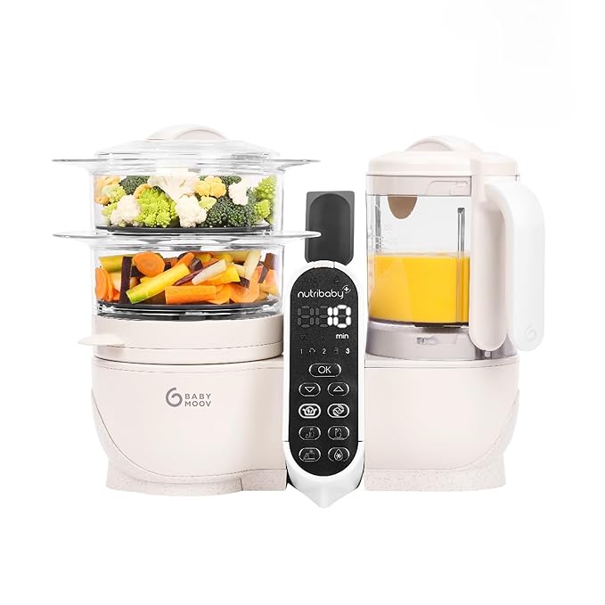 Babymoov Duo Meal Station 6 in 1: Multi-Speed Baby Food Maker Steamer and Puree Blender, Baby Food Processor that warms & defrosts (Nutritionist Approved), Mineral Beige