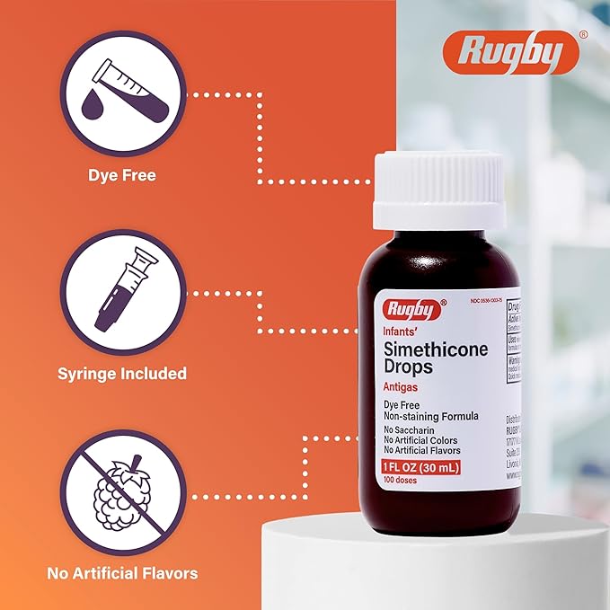 Rugby Dye-Free Infants' Gas Drops - Simethicone 20 mg Liquid Drops for Newborns, Babies, Toddlers, and Kids - Fast Relief from Gas Discomfort - No Artificial Colors or Flavors - 1 Fl. Oz. (3 Pack)