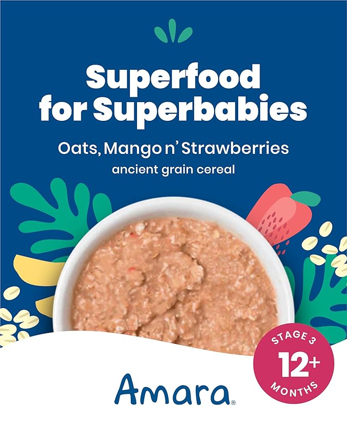 Amara Organic Baby Food - Stage 3 - Ancient Grain - Baby Cereal to Mix With Breastmilk, Water or Baby Formula - Shelf Stable Baby Food Pouches Made from Organic Fruit and Veggies - 10 Pouches, 3.9oz Per Serving