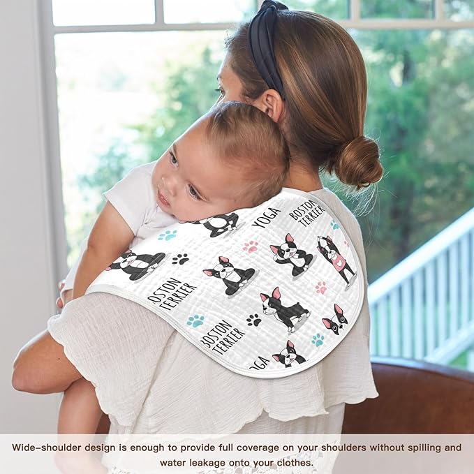 4 Pack Muslin Burp Cloths Dogs Yoga White Cotton Baby Burp Cloths Absorbent Soft Burping Cloth Washcloths for Newborn Baby Boys Girls 22x11 Inch