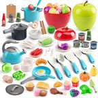 100Pcs Kitchen Playset, Kids Pretend Cooking Play Pots, Pans, Utensils, Cookware, Toy Food Fruits Veggies, with 2 Large Apple - Shaped Storage, Toddler Cooking Learning Gift (Turquoise)