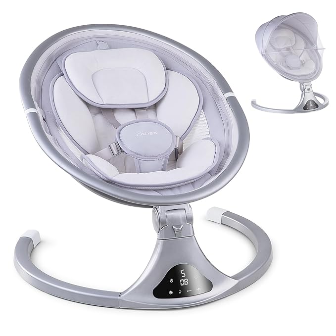 LAREX Baby Swing to Toddler Electric Infant Swing Portable for Newborn Boy Girl, 5 Sway Speeds with Remote Control, 12 Preset Melodies and Bluetooth, 0-6 Months Max 20 Lbs (2024 Model-Sliver)
