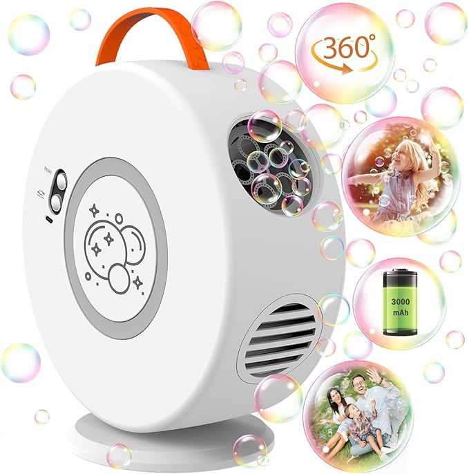 Bubble Machine Automatic Bubble Blower for Kids Toddlers Rechargeable Battery Portable Bubble Maker Electric Bubble Machine Auto Rotating 90°/360° Outdoor Toy for Birthday Party Wedding