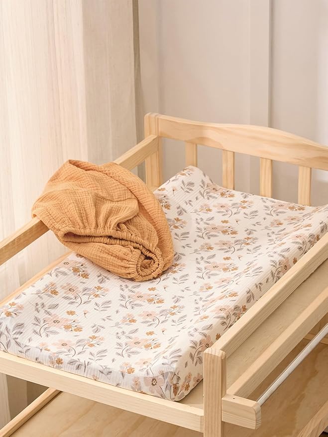 TILLYOU Muslin Changing Pad Cover for Baby Girls Boys, Soft and Breathable Cotton Diaper Changing Table Cover, 2 Pack(Yellow Flower)