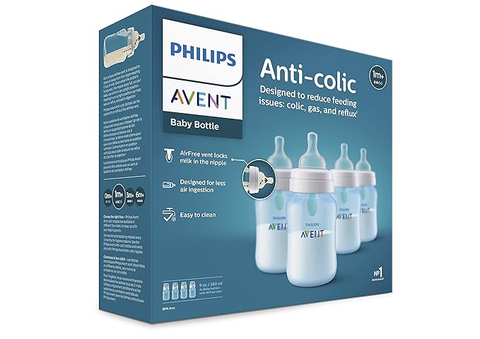 Philips Avent Anti-Colic Bottle with AirFree Vent, 9oz, with Flow 2 Nipples, 1m+, 4pk, Blue, SCY703/24