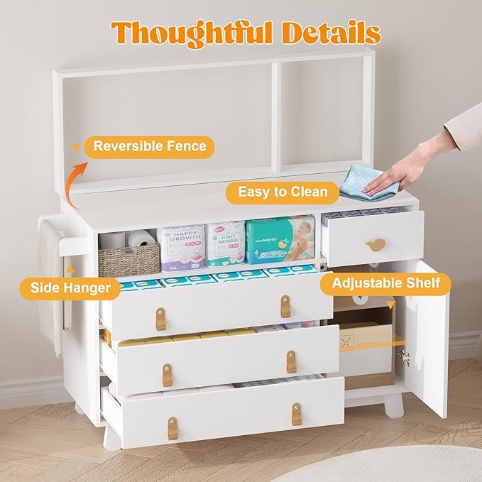 Baby Dresser with Changing Table Top, Baby Changing Table Dresser with 4 Drawers and Adjustable Shelves, Multi-Functional Diaper Changing Station, Nursery Organizer for Kids Bedroom, White