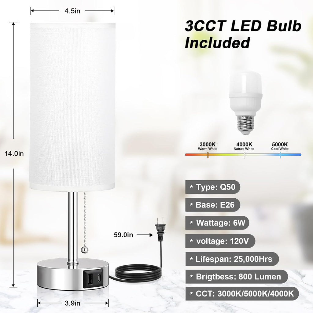 White Table Lamp for Bedroom Nightstand - Small Lamp with USB A + C Charging Port, 3 Color Temperatures Pull Chain Night Stand Light, Silver Base Desk Reading Lamp for Living Room