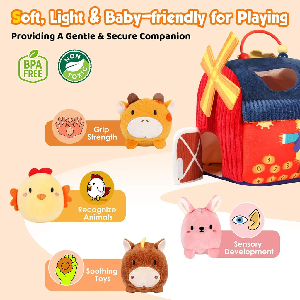 Baby Toys 6-12 Months - Soft Barn Toy with Stuffed Farm Animals, Rattle, Crinkle Paper, Squeaker, Mirror - Sensory Toys for 6+ Month Developmental, Montessori Toys for 1 Year Old Boy Girl Gift