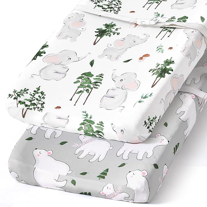 BROLEX Changing Pad Covers for Baby: Boy Girls Ultra Stretchy Soft 2 Pack, Elephants Bears