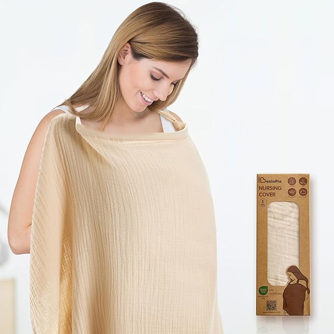 Nursing Cover 100% Cotton Breastfeeding Cover Privacy Muslin Large Full Coverage Nursing Scarf with Gift Box (Linen)