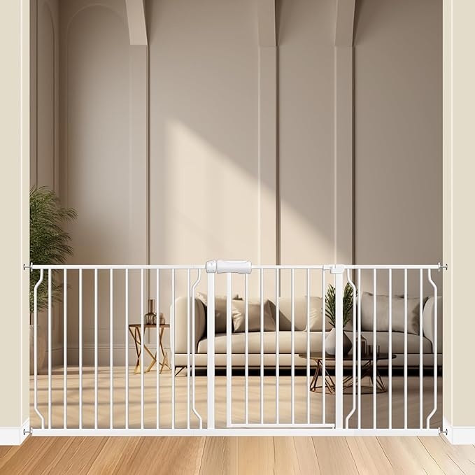 ALLAIBB Extra Wide Pressure Mounted Baby Gate Walk Through Child Kids Safety Toddler Tension White Long Large Pet Dog Gates with Extension for doorways Kitchen and Living Room (71.65-76.38"/182-194cm)