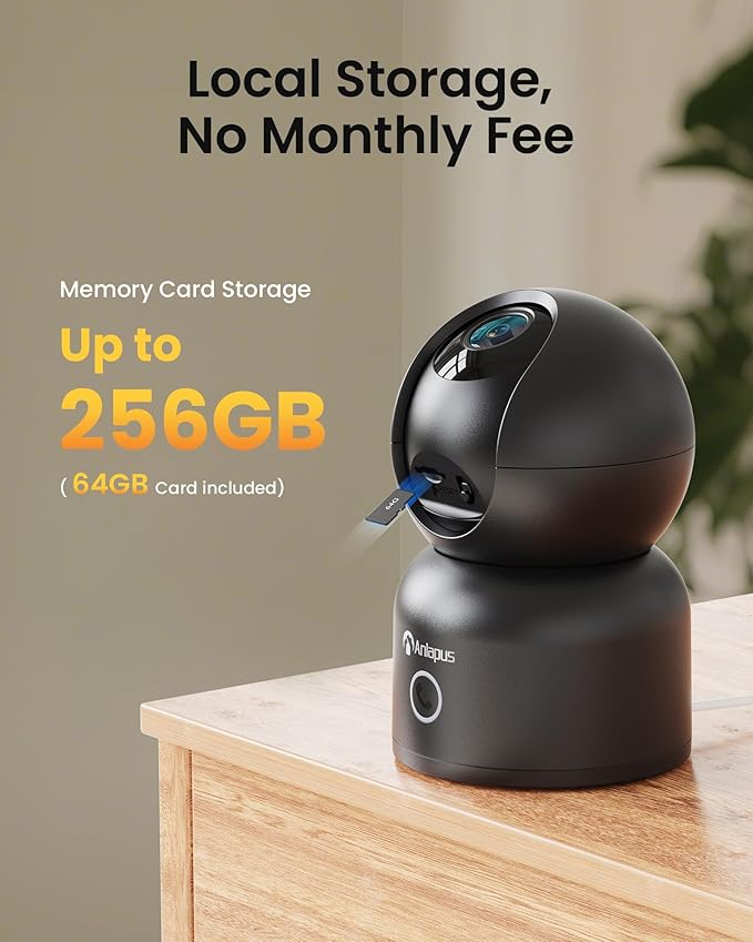 Anlapus C518 4K Pan/Tilt Home Indoor Security Camera, Plug-in WiFi Pet/Baby Monitor with One-Touch Call, AI Human/Pet/Face Tracking, 2.4/5 GHz, Two-Way Talk, Night Vision, 64G Memory Card Storage