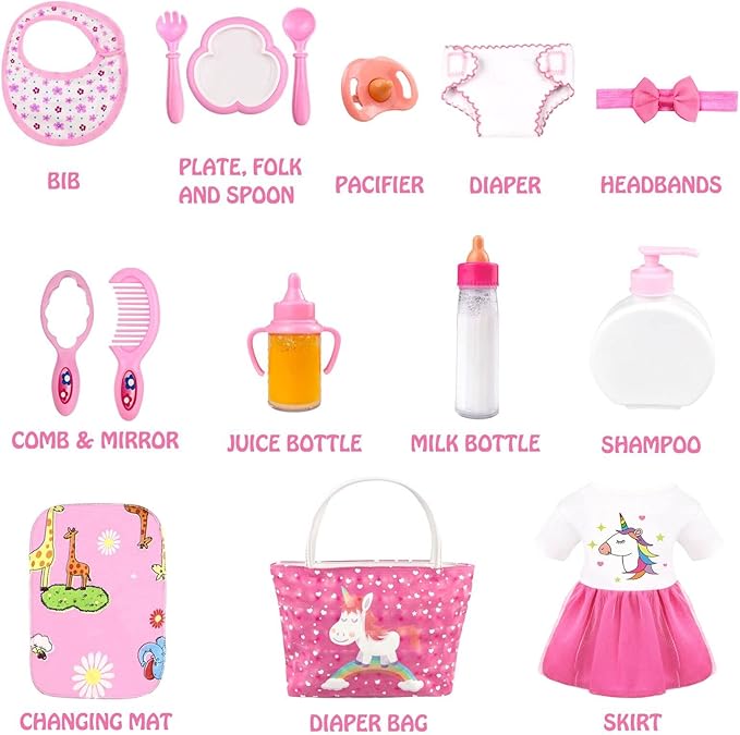 BNUZEIYI Baby Doll Accessories - Feeding and Caring Set With Diaper Bag, Bottles for Girls Toys Gift, Stuff Clothes Fit 14-16 Inch and 18 Inch Dolls