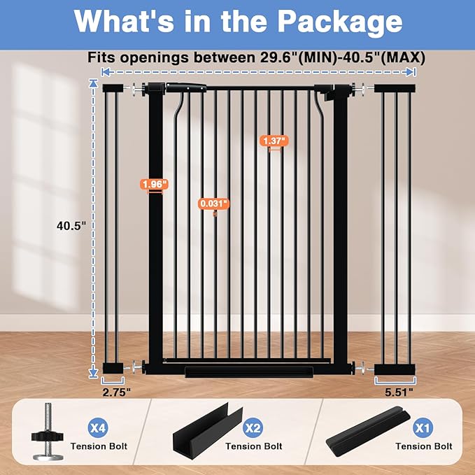 40.5" Extra Tall Baby Gate for Stairs, 29.5"-40.5" Extra Wide Dog Gate Indoor for The House, Auto Close Pressure Mounted Safety Child Toddler Gate, Pet Gate for Doorways Kitchen, Black