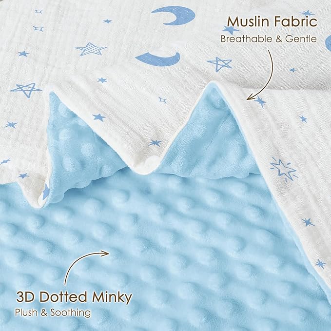 Star Moon Baby Blankets for Boys Girls, Soft Nursery Minky Blankets with Muslin and Dotted Fleece Back 30x40 inches, Receiving Bed Quilt for Newborn, Infants, Toddlers