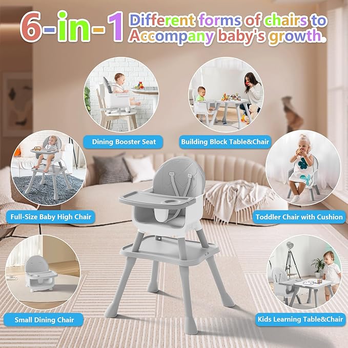 6 in 1 Baby High Chair for Babies and Toddlers, Booster Seat, Kids Learning Table & Chair (Grey)