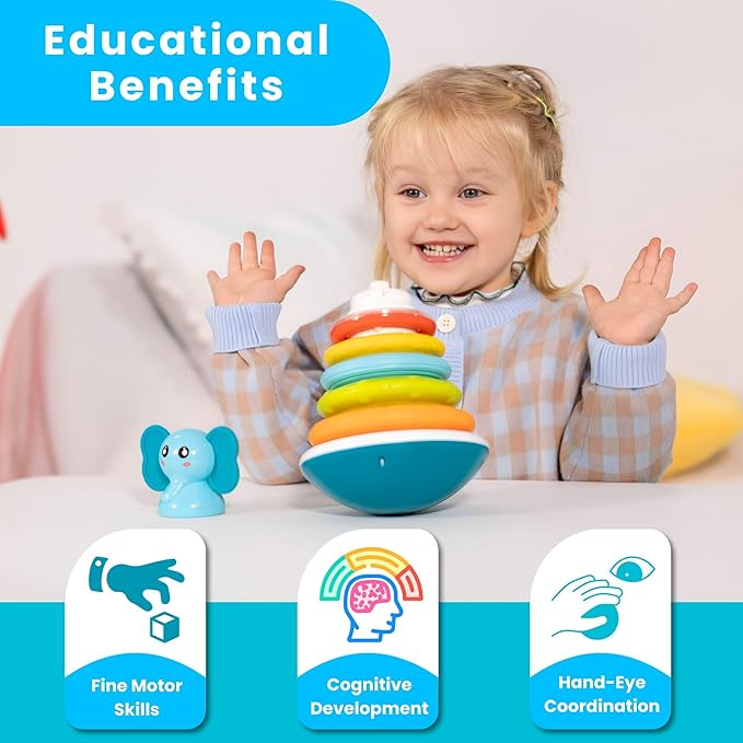PlenPLAY Baby Tummy Time Toys - Musical Stacking Rings for Toddlers 1-3, Sensory Learning Toys with Elephant Themed Stackable Rings