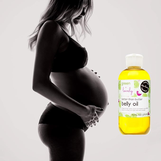 Green + Lovely Better than Butter Belly Oil Pregnancy Stretch Mark Prevention, Stretch Mark Cream, Pregnancy Must Haves, Pregnancy Essential, Enhanced Vitamin E Skin Elasticity, 9 Fl Oz Unscented