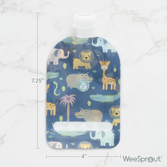 WeeSprout Double Zipper Reusable Food Pouches, Perfect for Babies & Toddlers, Freezer & Dishwasher Safe (Animals, 3.4 Fl Oz (Pack of 6) + Pouch Filler)