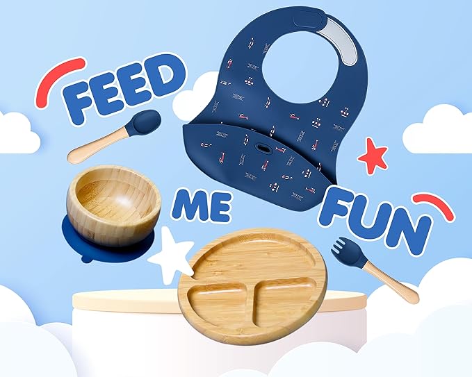 Bamboo Baby Feeding Set for Infants & Toddlers - Baby Essentials, Non-Toxic, Sustainable, Bamboo Suction Plate & Bowl, Bib, Sippy Cup w/Lid & Straw, Perfect Baby Shower Gifts (Midnight Blue)