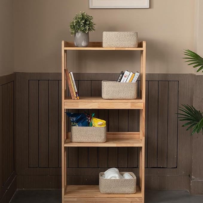 4 Pack Small Storage Shelf Baskets for Organizing, Mini Woven Rope Storage Bins for Towels, Cute Decorative Closet Organizer，Baby Nursery, Gift Empty Baskets -11.81''Lx7.87''Wx4.72''H'-Brown