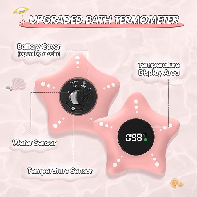 Baby Bath Thermometer Safety, Auto On & Off Bathtub Thermometer Floating Toy, Digital Bathing Water Temperature Warning, Pink Sea Star Shape